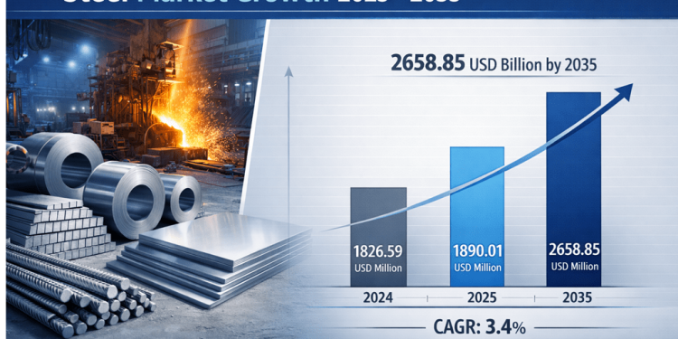 Steel Market is Projected to Grow from USD 1,890.01 Billion in 2025 to USD 2,658.85 Billion by 2035, at a CAGR of 3.47%